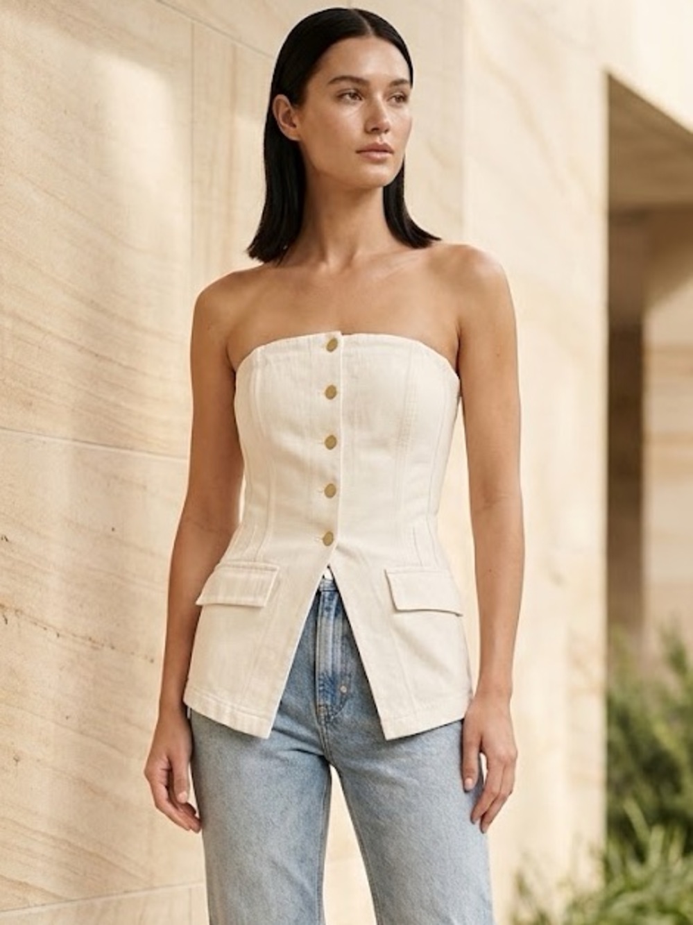 Altar’d State Button Up Strapless Tube Top Vest in Cream